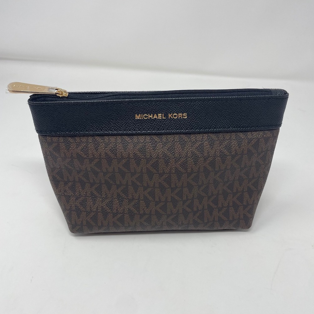 Michael Kors Brown Signature Logo Cosmetic Pouch Black Leather Trim Gold HW